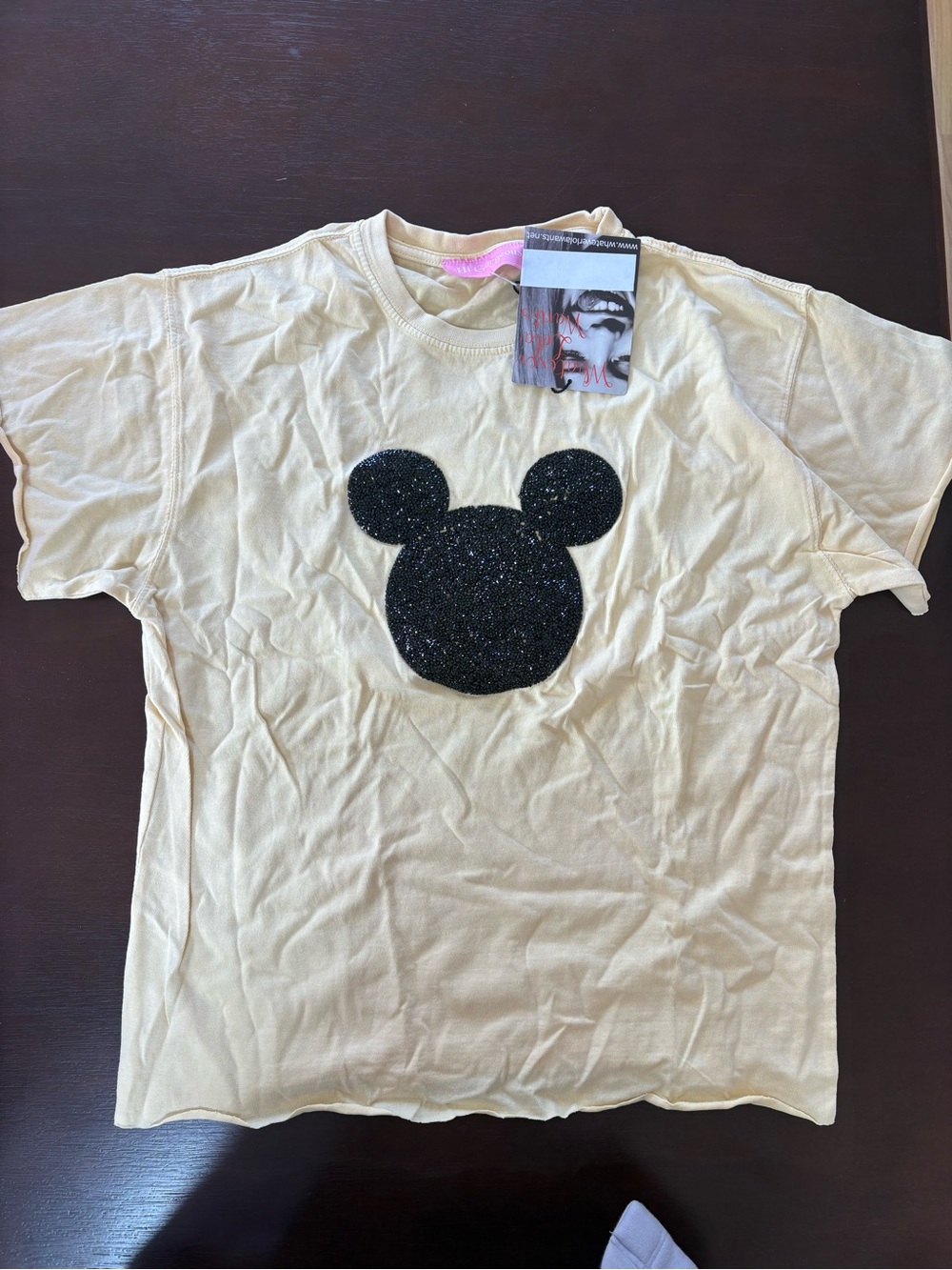 Women's Cream Short Sleeve Tee with Black Glitter Mickey Mouse
